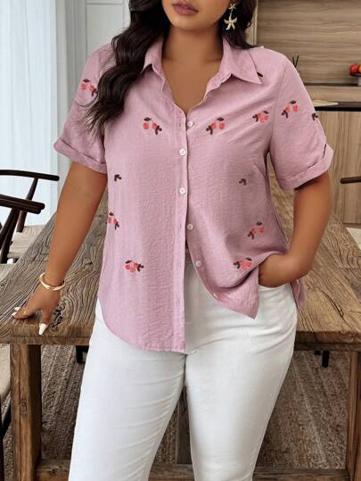 EMERY ROSE Plus Size Summer Casual Embroidered Texture Linen Look Shirt