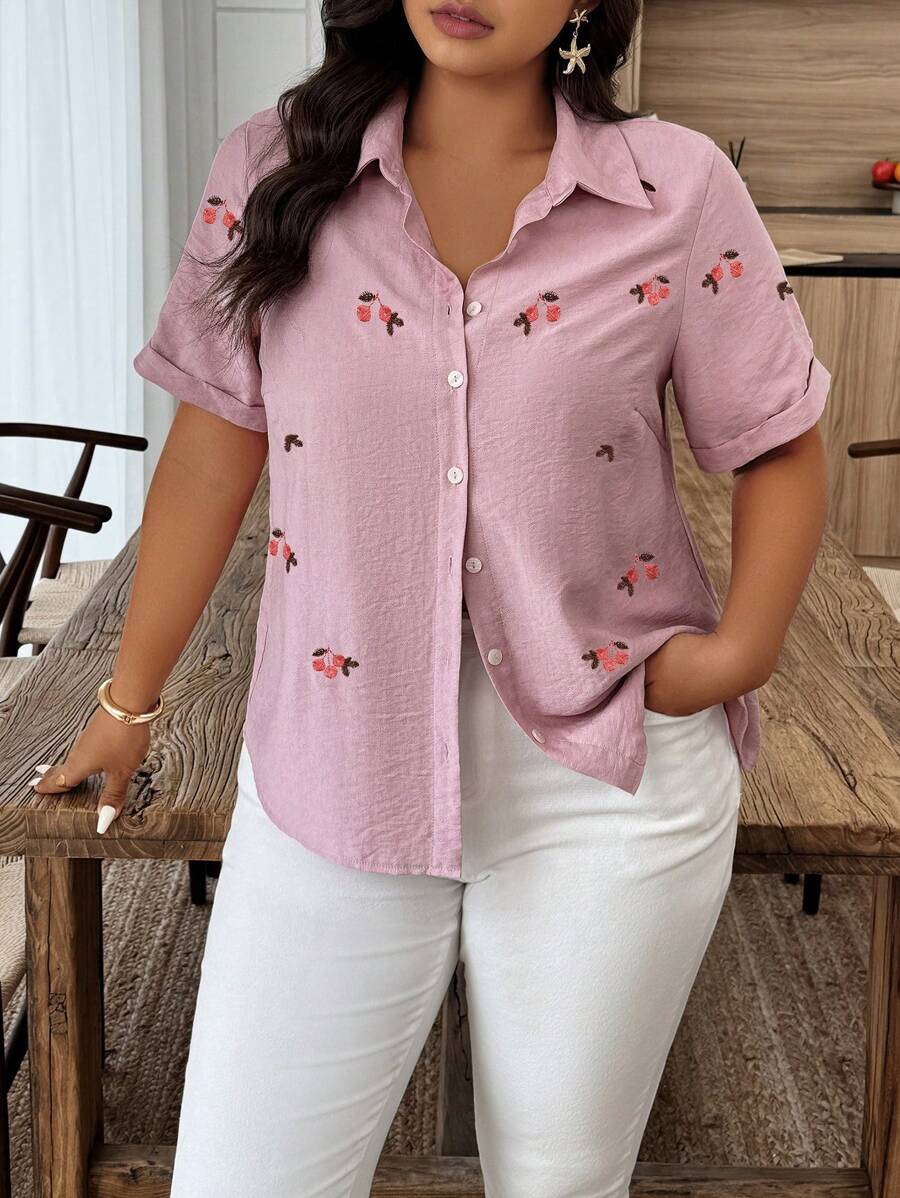 EMERY ROSE Plus Size Summer Casual Embroidered Texture Linen Look Shirt - Pink - View 1