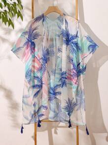 Swim Lushoire 女士度假随机热带植物印花时尚和服开衫 - 彩色 - 查看 1