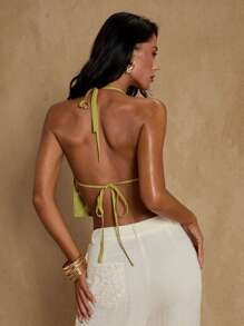 Glamine Glamine Damen glänzende Pailletten grüne sexy kurze Bluse, französischer V-Ausschnitt mit Brustfalten, pailletenverzierte Blumen, modische sexy Träger, schöner Rücken, Damen Top, geeignet für Sommerurlaub