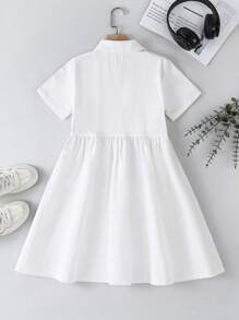 SHEIN Tween Girls Summer Stripe Short Sleeve Single-Breasted Casual Denim Dress - White - View 2