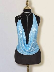 SHEIN ICON 女士性感音乐节度假闪亮亮片透视露背吊带背心，春夏 - 藍色 - 查看 4