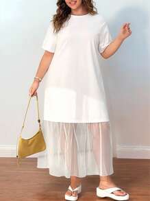 SHEIN EZwear 大码纯色圆领短袖落肩休闲春夏网眼连衣裙 - 白色 - 查看 1