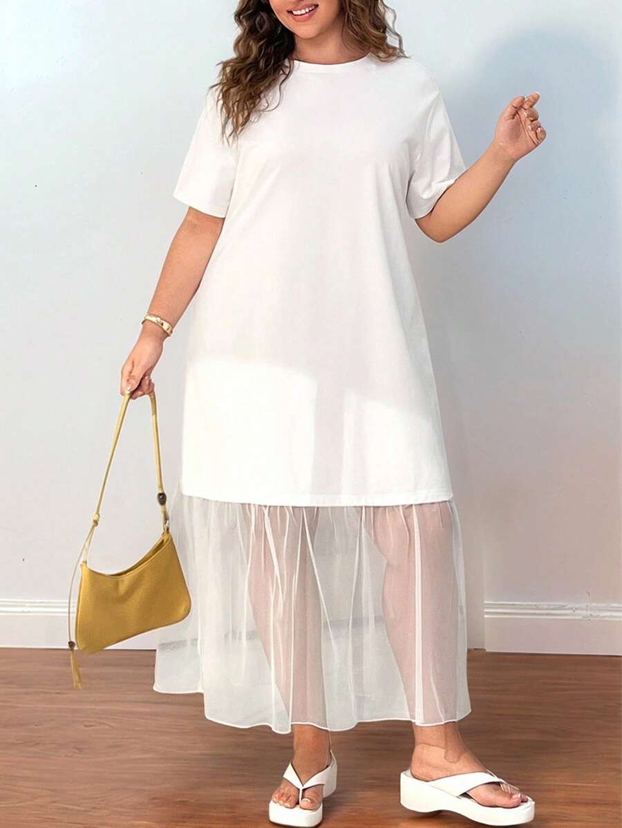 SHEIN EZwear 大码纯色圆领短袖落肩休闲春夏网眼连衣裙 - 白色 - 查看 1