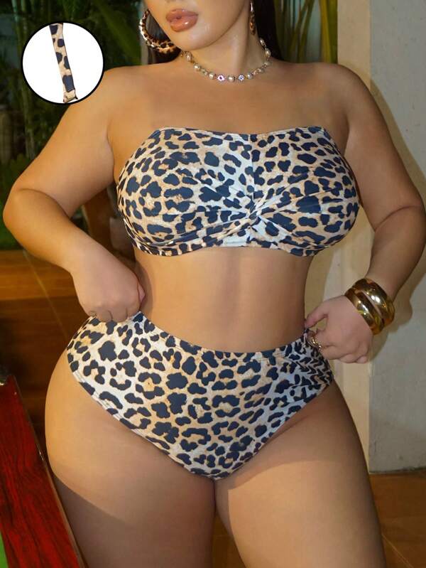 Swim SXY Plus Size Women's 2Pcs Multicolor Knitted Random Leopard Print Bandeau Top And High Waist Removable Strap Bikini Set, Minimalist Beach Holiday Swimsuit