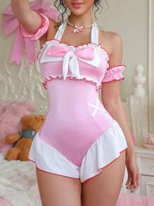 SHEIN 3 sztuki/zestaw damski śliczny różowy i mleczny patchworkowy kombinezon z kokardą, bezprzewodowe body + 2 bransoletki - Różowy - Zobacz 5