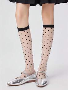 ROMWE Kawaii 透气网眼不对称波尔卡圆点中筒袜，百搭时尚休闲短袜，春夏