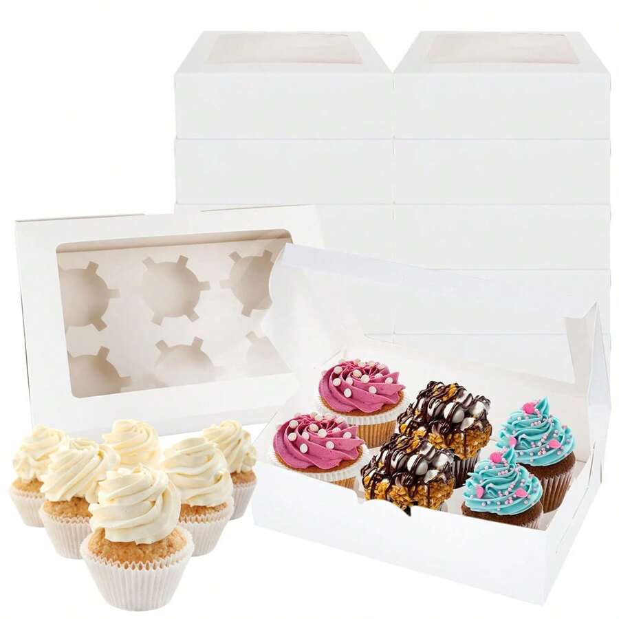 Hộp đựng bánh nướng xốp 6 chiếc, kích thước 9,3x6,2x2,9 inch, nửa tá hộp đựng bánh nướng xốp, hộp đựng bánh nướng xốp màu trắng có cửa sổ trong suốt, hộp đựng 6 bánh nướng xốp đựng bánh quy, bánh nướng xốp - trắng - Xem 1