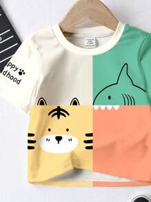 SHEIN Boys Casual Comfortable Cute Cartoon Tiger, Shark, Happy Childhood Graphic Print Round Neck Short Sleeve T-Shirt, Suitable For Summer, Outdoor, Homewear, Picnic, Animal Park, Amusement Park - Multicolor - View 2