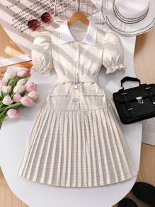 Vestido casual y elegante para niñas preadolescentes de estilo escolar, vestido acampanado con estampado de cuadros violeta, cuello de camisa, mangas abullonadas y cinturón, apto para vacaciones, colegio, primavera/verano