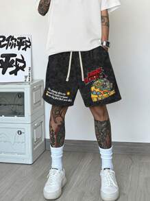 ROMWE MEN Street Life Pantaloni scurți casual pentru bărbați cu imprimeu de slogan pentru vară
