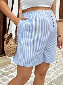 SHEIN Pregnant Women Relaxed Holiday High Waist Striped Shorts - Blue - View 5