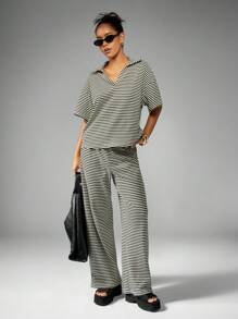 MISSGUIDED Sommer gestreifter Resort Co-Ord Set mit weitem Bein, lässige Urlaubsstrand Loungewear, Strandurlaub Zweiteiler mit weitem Kragen