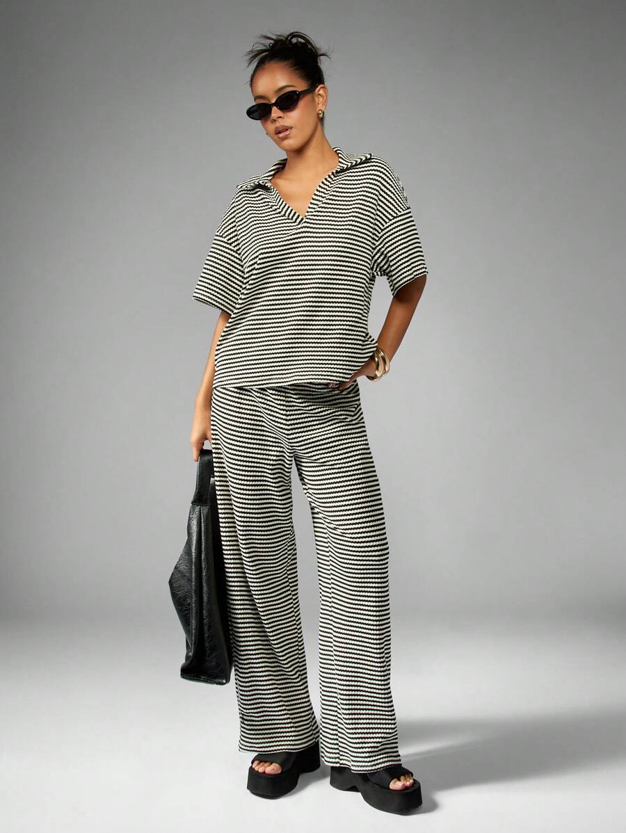 MISSGUIDED Sommer gestreifter Resort Co-Ord Set mit weitem Bein, lässige Urlaubsstrand Loungewear, Strandurlaub Zweiteiler mit weitem Kragen