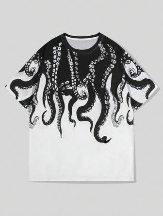 Street Life Men's Casual Contrast Color Octopus Print Short Sleeve T-Shirt, Summer