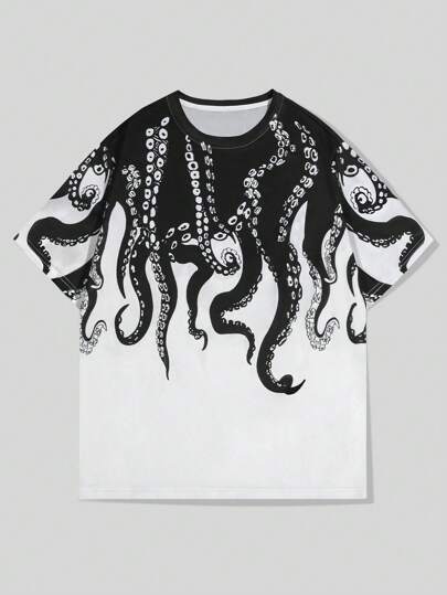 Street Life Camiseta de manga corta de verano casual para hombre con estampado de pulpo de color contrastante