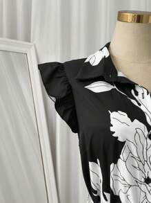 Sweetra Vestido elegante de talla grande con estampado floral, cuello digital abierto, patchwork en línea A y cinturón de moño - Negro - Ver 5