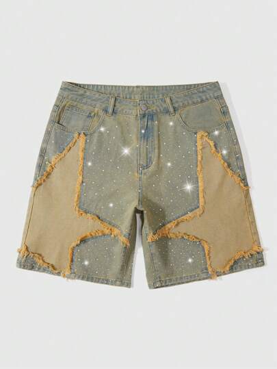 Street Life Pantalones cortos vaqueros casuales para hombre con bolsillo decorado con estrella desgastada y cristales