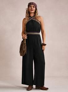 Freevana Plus Size Vacation Cross V-Neck Strap Summer Boho Jumpsuit With Long Pants - Black - View 5