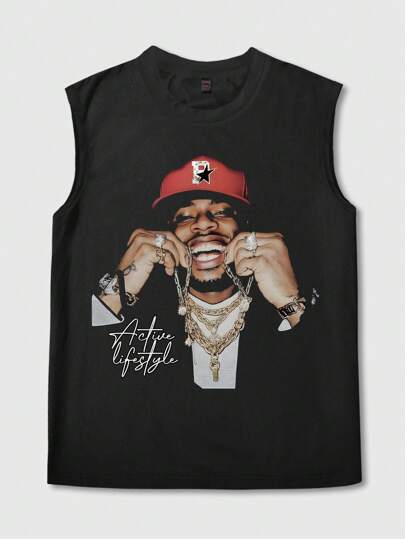 Street Life Plus Size Women Hip Hop Portrait & English Letter Printed Sling Tank Top