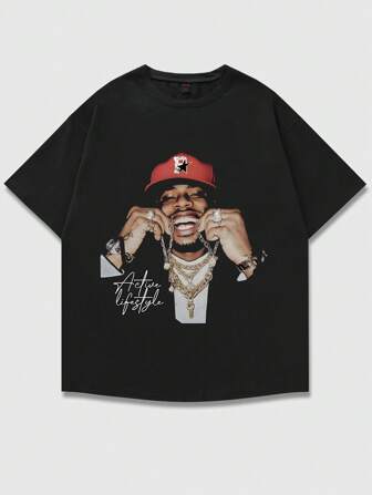 Street Life Camiseta gráfica con talla grande para mujer con estilo callejero estadounidense, retrato personalizado de hip-hop y estampado de texto en inglés