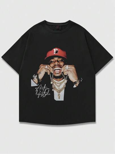 Street Life Maglietta oversize da donna con stampa grafica, stile urban americano, ritratto personalizzato di hip hop e testo in inglese