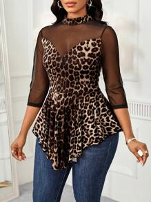SHEIN Lady Women's Layered Mesh Leopard Print Ruffle Hem Fashion Top Leopard Print Cheetah Print Leopard - Multicolor - View 5
