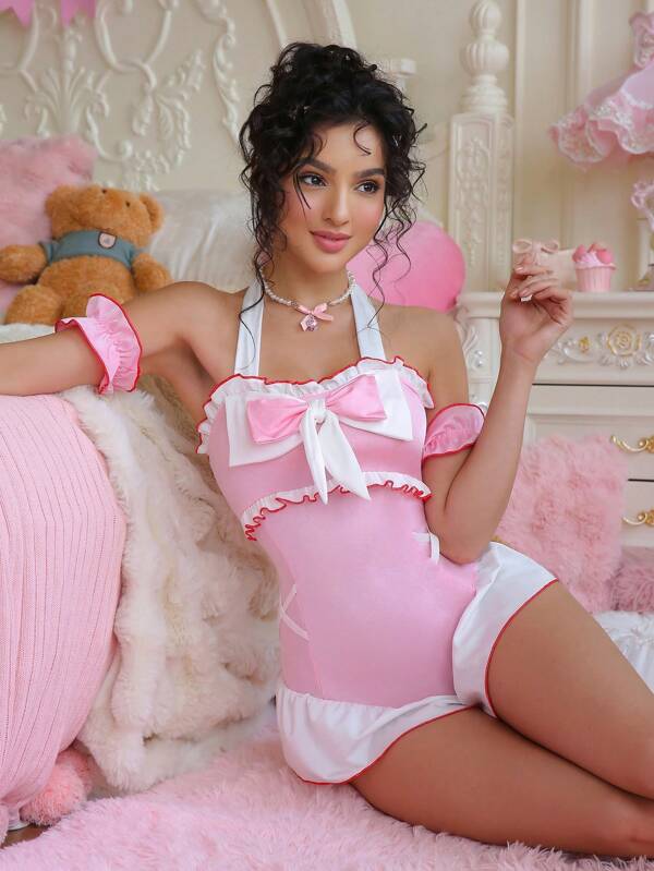 PetitDoll 3pcs/Set Women Cute Pink & Milk-Color Patchwork Romper With Bowknot, Wireless Bodysuit + 2 Bracelets