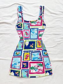 Soleia 女士度假海洋生物印花休闲度假露背开衩下摆迷你连衣裙，适合派对、海滩、夏季 - 彩色 - 查看 2