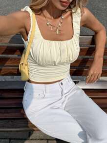 Áo thun dệt kim nhún bèo vai rộng màu vàng bơ Áo ba lỗ nữ mùa hè trơn đơn giản thường ngày áo crop top nhún bèo - Màu vàng - Xem 7