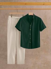 HIMLAND 2pcs/Set Men Woven Close-Fitting V-Neck Short Sleeve Casual Shirt Set