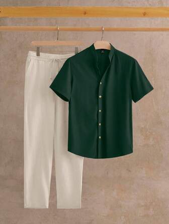 HIMLAND 2 pièces/Set Ensemble chemise casual à col en V ajustée tissée à manches courtes pour hommes