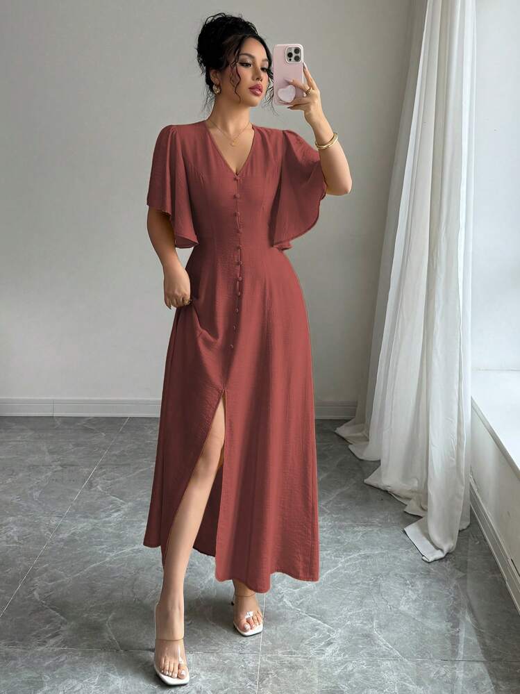 SHEIN Elenzya Abito casual ed elegante da donna con scollo a V, vita cinturata, orlo con spacco, dettaglio con bottone, maniche a palloncino, adatto per il pomeriggio del tè, feste, vacanze, pendolarismo, monocromatico, primavera/estate - Marrone ruggine - Visualizzare 1