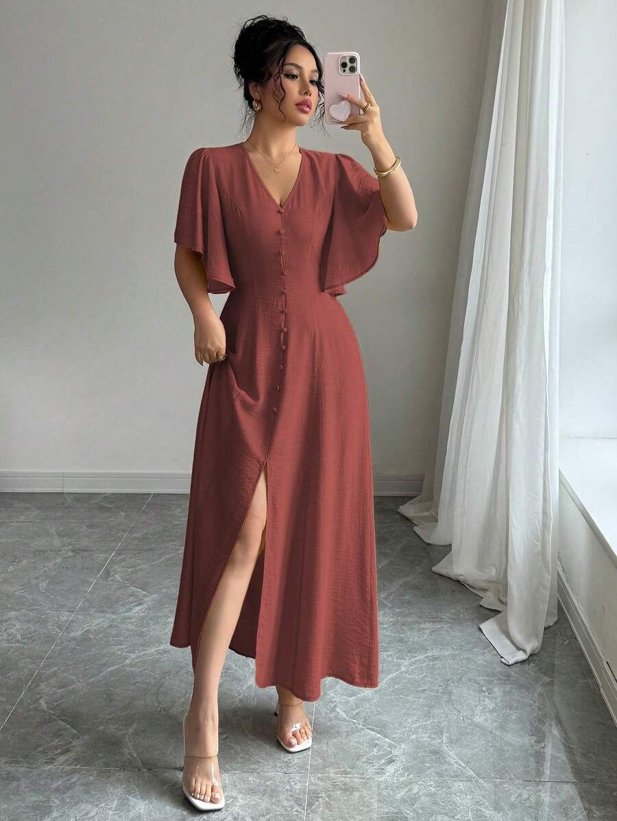 Elenzga Váy chữ A cổ chữ V thanh lịch giản dị dành cho nữ có cạp chun, viền xẻ, nút cài, tay bồng, thích hợp cho tiệc trà chiều, tiệc tùng, kỳ nghỉ, đi làm, màu trơn, xuân/hè - Rỉ Nâu - Xem 1