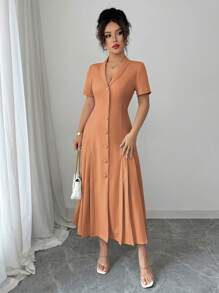 Elenzga Đầm Maxi trang trọng tay ngắn xếp ly kiểu Pháp thanh lịch, giản dị, công sở, màu trơn, cổ bẻ cài nút, eo cao cho nữ mùa xuân/hè - Màu Cam san hô - Xem 5