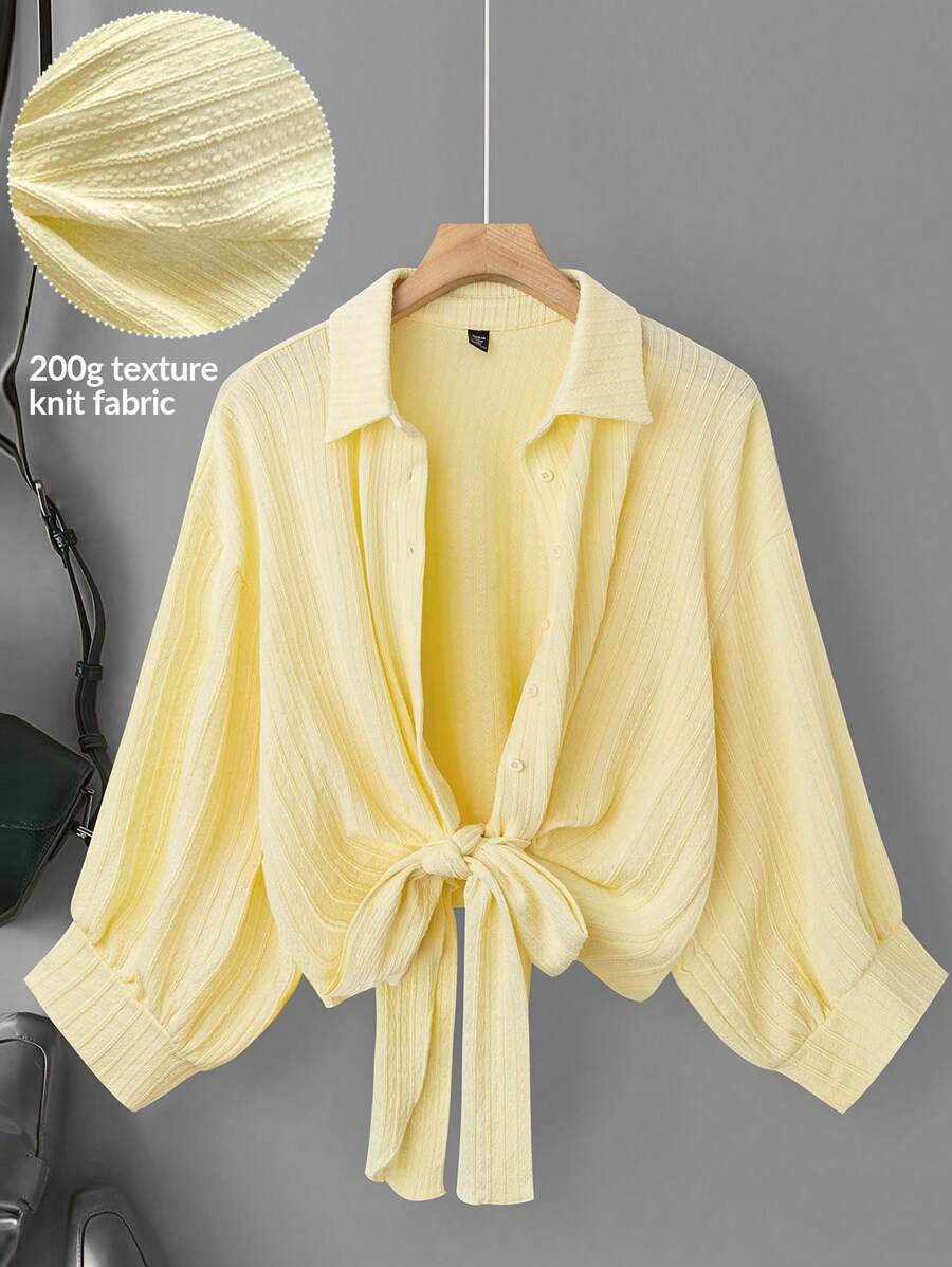 SHEIN LUNE Camisa de manga larga con textura de encaje y unicolor casual para mujer, adecuada para vacaciones, uso diario, protección solar, verano, aeropuerto, vacaciones de verano, playa, salidas, tops de verano lindos, festivales, color amarillo mantequilla, tops para salir - Amarillo - Ver 1