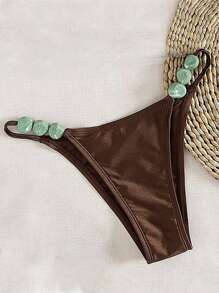 Swim Chiccia Bottom de bikini inalámbrica con acabado de perlas marrones, tela y cuentas, con correa ajustable para fiesta en la piscina, vacaciones