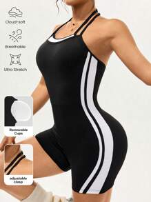 Easithlete Mono de mujer con espalda abierta y cuello halter a contraste - Blanco y Negro - Ver 1