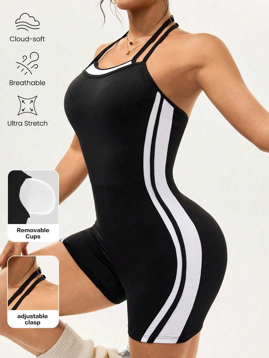 Easithlete Mono de mujer con espalda abierta y cuello halter a contraste - Blanco y Negro - Ver 1