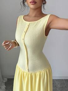 Modelyn Women's Butter Yellow Textured Patchwork Chiffon Buttoned Design Casual Summer Dress - Yellow - View 1
