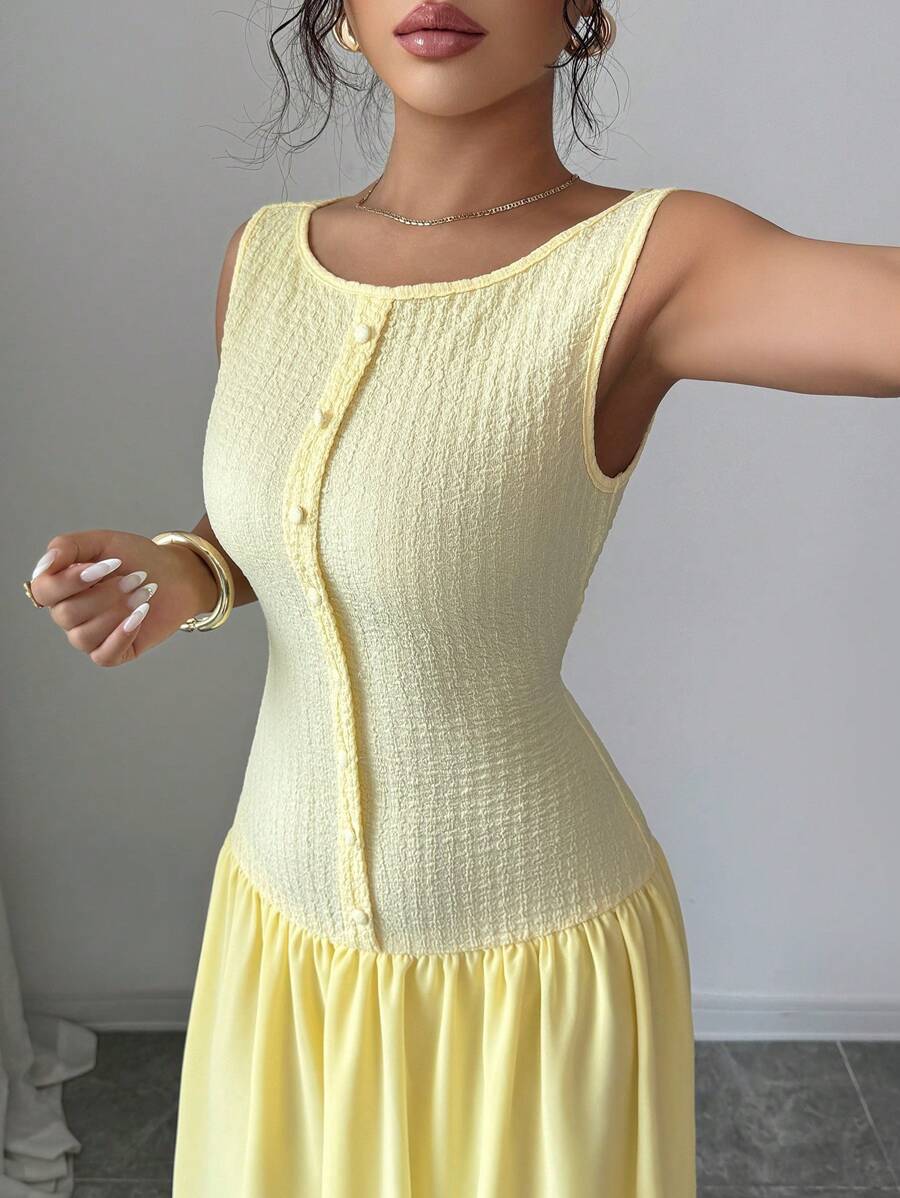 Modelyn Women's Butter Yellow Textured Patchwork Chiffon Buttoned Design Casual Summer Dress - Yellow - View 1