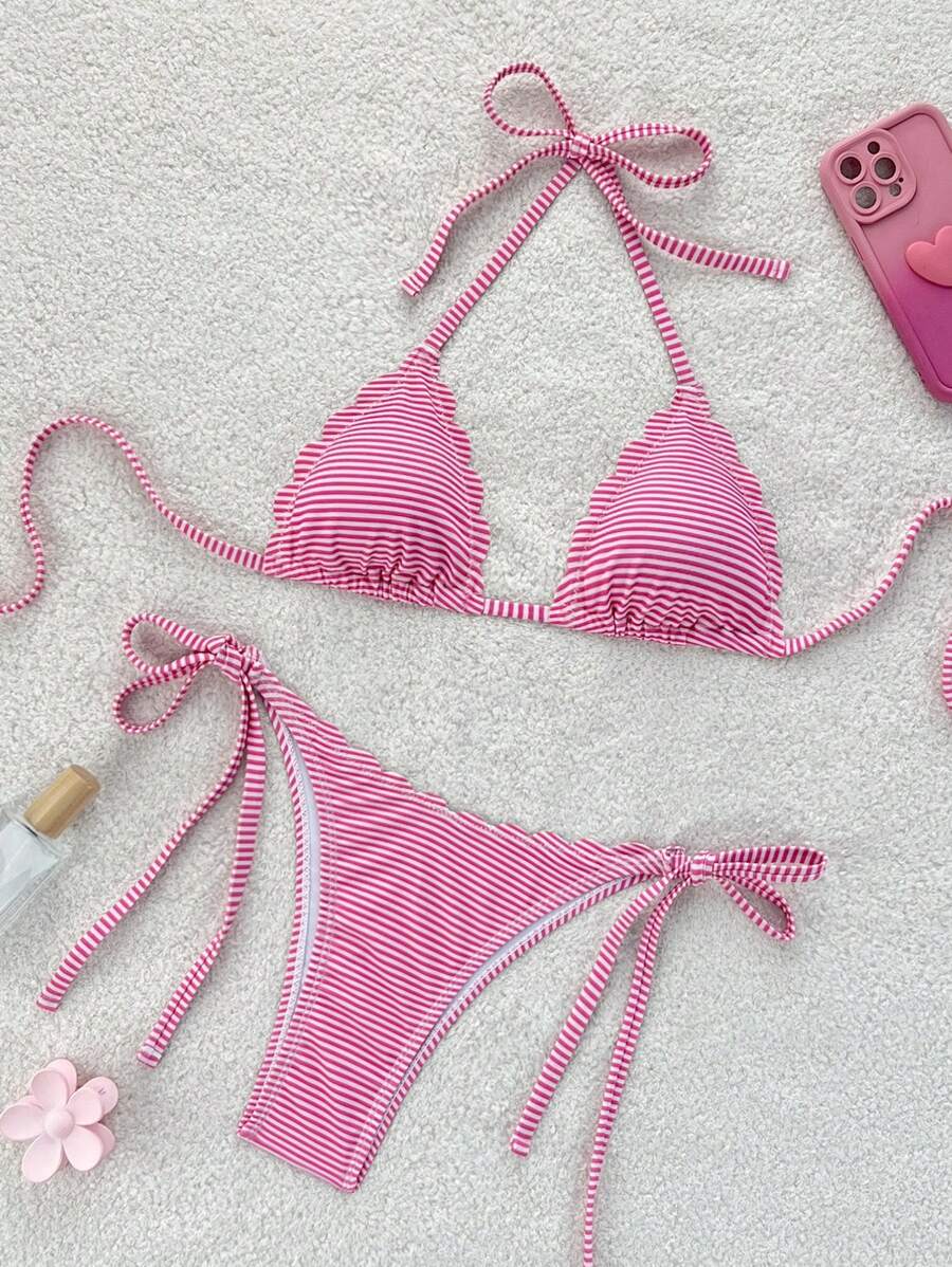 Swim Mod Women Summer Beach Striped Halter Tied Sexy Bikini Set, Random Print - Pink - View 1