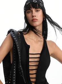 LYSMO Women's Sexy Black Hollow Line Backless Camisole Summer Top, Y2K Nightclub Party And BOHO Chic - Black - View 4