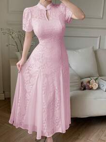 Modelyn Women's Elegant Solid Color Lace Patchwork Dress - Pink - View 7