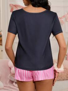 Eraneu Bộ đồ ngủ ngắn thoải mái dành cho nữ kèm quần short sọc và áo họa tiết nơ Bộ đồ ngủ hai mảnh Bộ đồ ngủ nơ Bộ đồ ngủ nữ Bộ đồ ngủ ngắn sọc - Nhiều màu - Xem 2