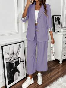 SHEIN Clasi 女士条纹斑驳翻领夹克和裤子休闲套装 - 紫色 - 查看 4