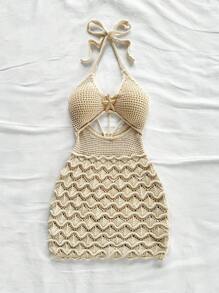 Soleia 性感细肩带 V 领镂空金属海星装饰紧身连衣裙，细肩带系带，适合度假、约会、下午茶、音乐节、波西米亚风、海滩度假、夏季 - 杏色 - 查看 8