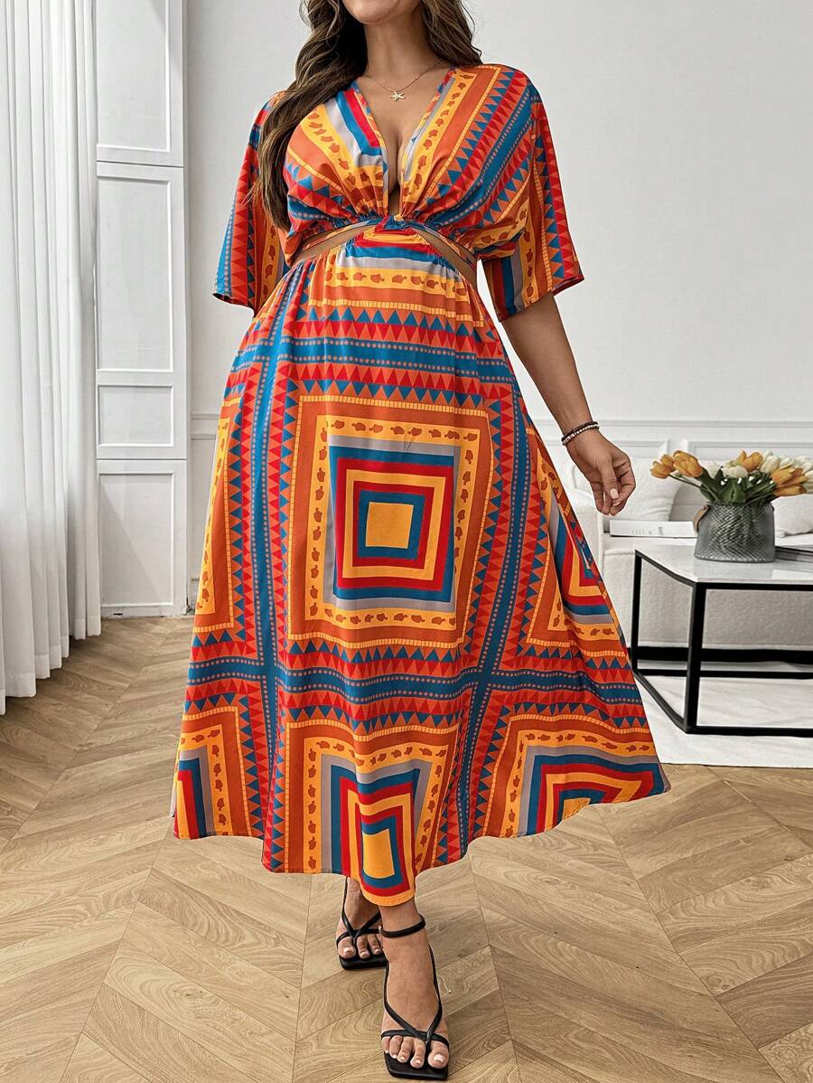 INAWLY 大码几何印花度假性感连衣裙 - 杏色 - 查看 1