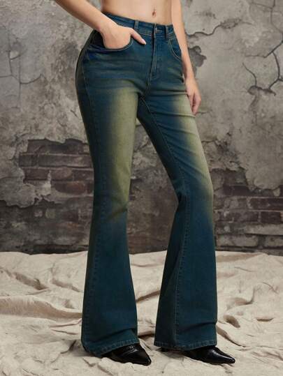 Grunge Punk Jeans a vita alta da donna, slim fit, a zampa d'elefante, effetto vissuto e sfilacciato, casual