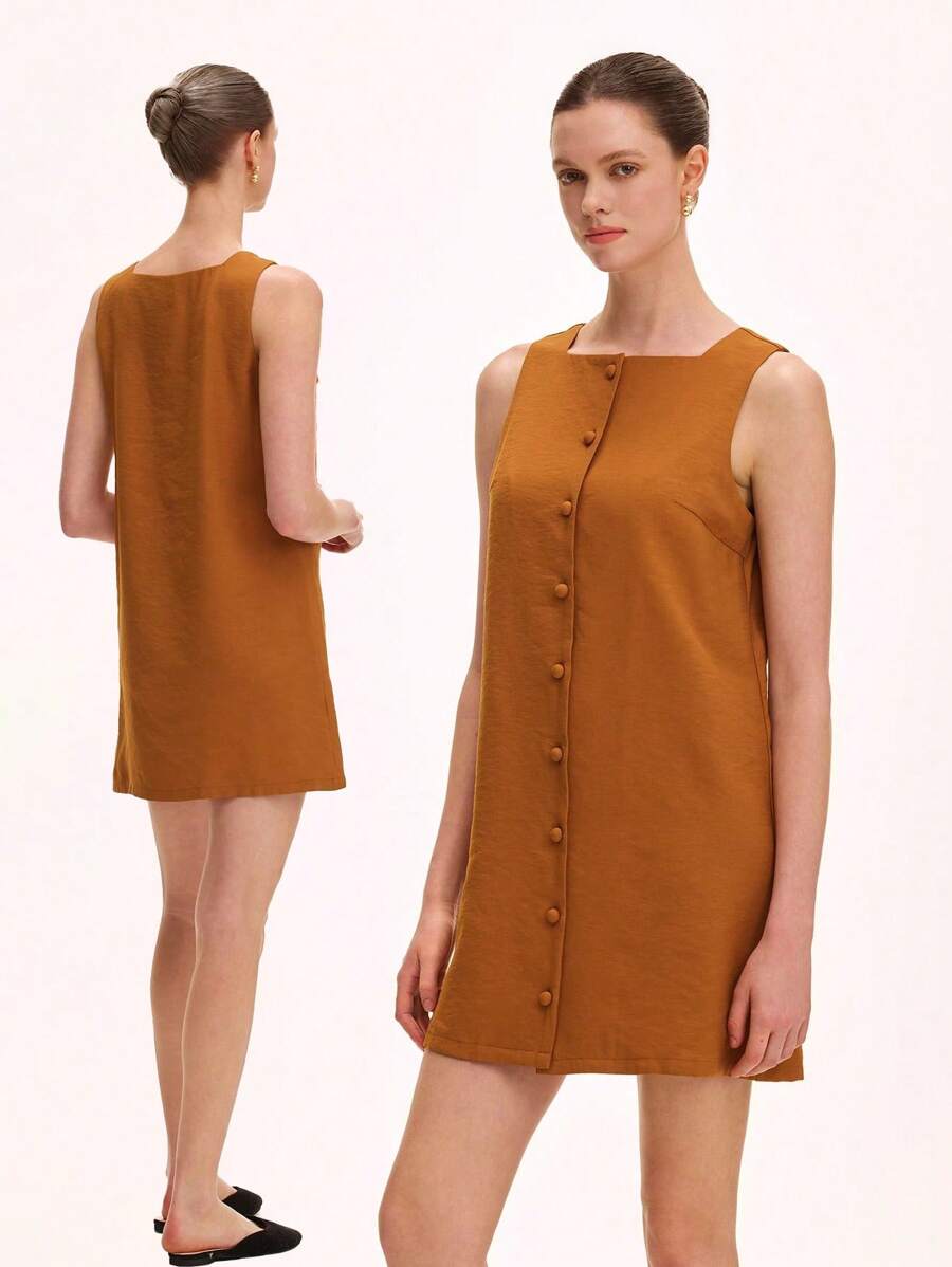 Chiquease 女士优雅简约休闲舒适纯色方领纽扣前短款连体裤连衣裙 - 銅色 - 查看 1